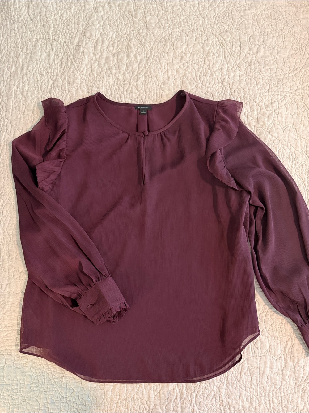 Ann Taylor Plum Ruffle Shoulder Long-Sleeve Blouse, lined, sheer sleeves